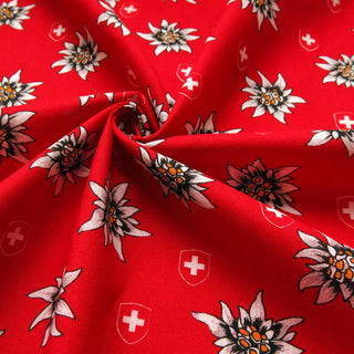 Baumwolle - Edelweiss und Schweizer Wappen auf Rot Stoffe kaufen