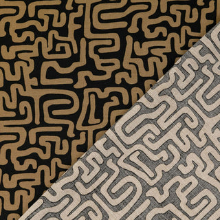 Viskose Popeline Stoff Grafisches Labyrinth in Karamell auf Schwarz – Farben und Struktur
