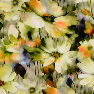 Viskose Popeline Stoff – Aquarellblumen in Gelb und Grün