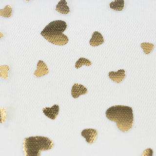 Tüll Stoff - Weiss mit Gold Herzen