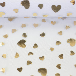 Tüll Stoff - Weiss mit Gold Herzen