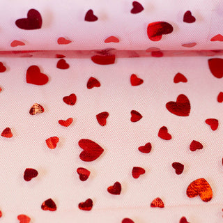 Tüll Stoff - Rosa mit Roten Herzen