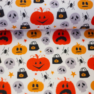 Baumwollstoff Stoff - Halloweenkürbise auf weiss