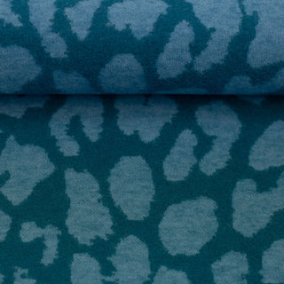 Jacquard Jersey Stoff – Leopardenmuster in Rauchblau auf Petrol – Ansicht 2