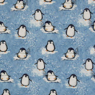 French Terry Stoff - Pinguine in Eisblau
