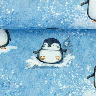 French Terry Stoff - Pinguine in Eisblau