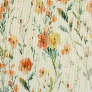 Baumwoll Rippjersey Stoff - Wildblumenwiese in Creme