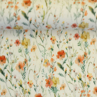 Baumwoll Rippjersey Stoff - Wildblumenwiese in Creme