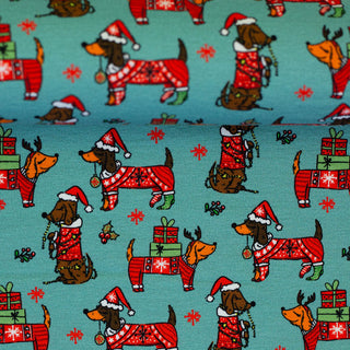 French Terry Stoff angeraut – Weihnachtsdackel auf Mint – Ansicht 2