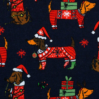 French Terry Stoff angeraut – Weihnachtsdackel auf Nachtblau
