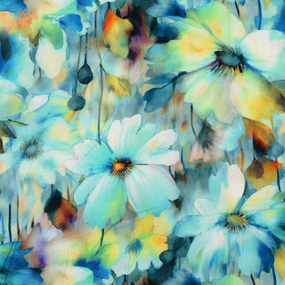 Viskose Popeline Stoff – Aquarellblumen in Petrol und Türkis