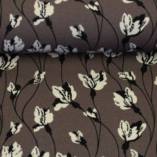 Baumwolljersey Stoff – Wollweisse Blüten auf Taupe – Ansicht 2