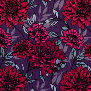 Modal French Terry Stoff mit roten Dahlien auf Violett – Muster im Detail