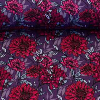 Modal French Terry Stoff mit roten Dahlien auf Violett als Meterware