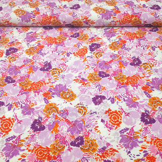 Leinen Viskosestoff - Bunte Blumen in Lila & Orange