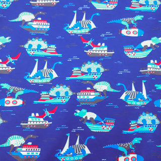 Baumwolljersey Stoff – Dino‑Boote Königsblau