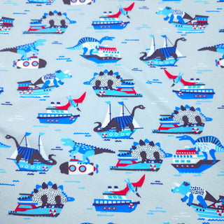 Baumwolljersey Stoff – Dino‑Boote Hellgrau