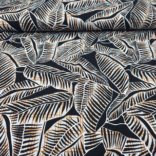 Viskosejersey Stoff - Blätter Schwarz-Weiß-Cognac