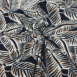 Viskosejersey Stoff - Blätter Schwarz-Weiß-Cognac