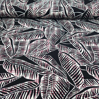 Viskosejersey Stoff - Blätter Schwarz-Weiß-Violett