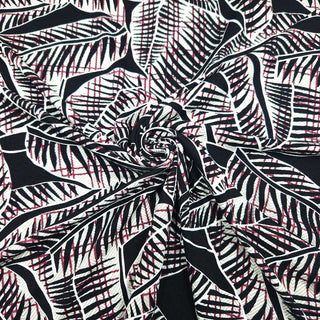 Viskosejersey Stoff - Blätter Schwarz-Weiß-Violett