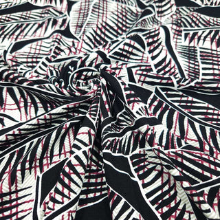 Viskosejersey Stoff - Blätter Schwarz-Weiß-Violett