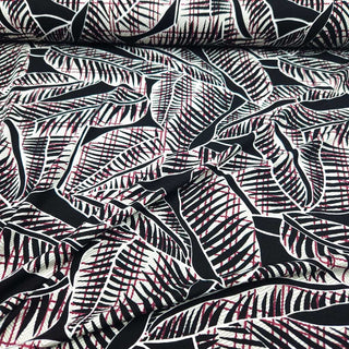 Viskosejersey Stoff - Blätter Schwarz-Weiß-Violett