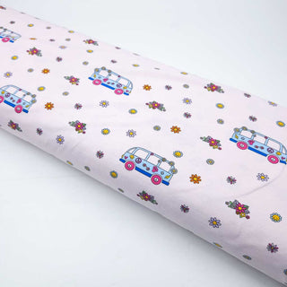 Baumwolljersey Stoff – Hippie Bus auf zartem Rosa