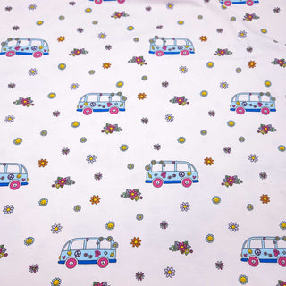 Baumwolljersey Stoff – Hippie Bus auf zartem Rosa
