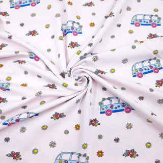 Baumwolljersey Stoff – Hippie Bus auf zartem Rosa