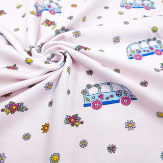 Baumwolljersey Stoff – Hippie Bus auf zartem Rosa