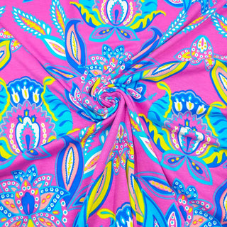 Viskosejersey Stoff – Paisley Blüten in Pink & Blau