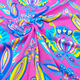 Viskosejersey Stoff – Paisley Blüten in Pink & Blau