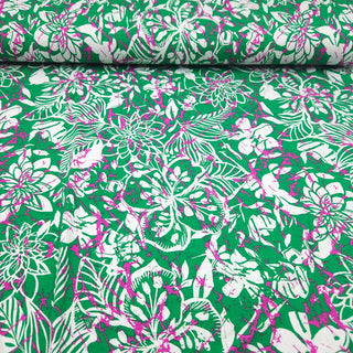 Viskosejersey Stoff – Floral Splash Grün mit Pink