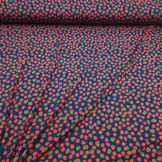 Viskosejersey Stoff – Dots in Rot & Olive auf Marineblau