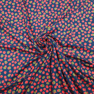 Viskosejersey Stoff – Dots in Rot & Olive auf Marineblau