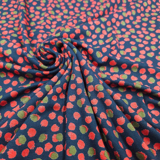 Viskosejersey Stoff – Dots in Rot & Olive auf Marineblau