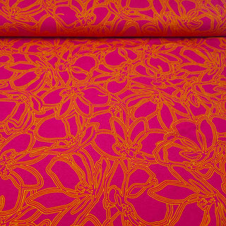 Viskosejersey Stoff – Mit orangen Blumenlinien auf Pink