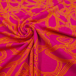 Viskosejersey Stoff – Mit orangen Blumenlinien auf Pink
