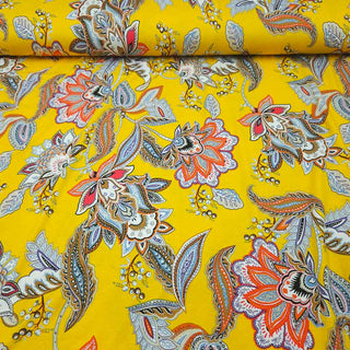 Viskosejersey Stoff – Paisley‑Blüten auf Sonnengelb
