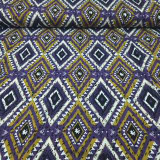 Viskose Jersey Stoff – Geometrisches Aztekenmuster in Lila/Senf