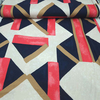 Viskose Jersey Stoff – Modernes Grafikmuster in Nachtblau, Koralle & Beige