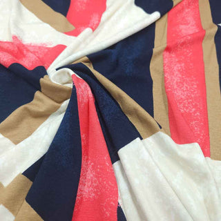 Viskose Jersey Stoff – Modernes Grafikmuster in Nachtblau, Koralle & Beige