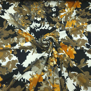 Viskose Jersey Stoff – Aquarellblumen in Senf, Oliv & Schwarz