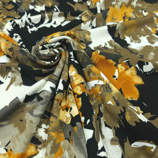 Viskose Jersey Stoff – Aquarellblumen in Senf, Oliv & Schwarz
