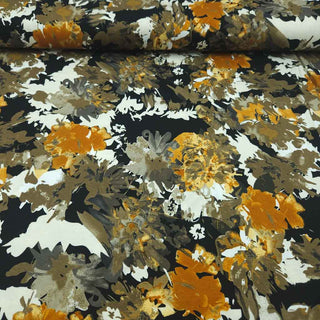 Viskose Jersey Stoff – Aquarellblumen in Senf, Oliv & Schwarz