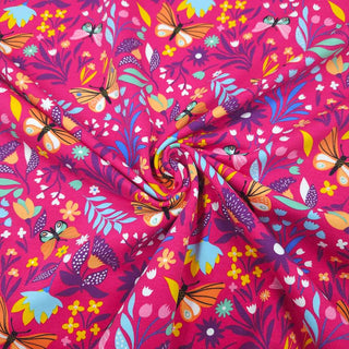 French Terry Stoff – Blumenwiese mit Schmetterlingen auf Pink