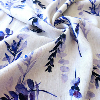 Viskose Leinen Stoff – Aquarellblätter Blau