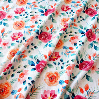 Viskose Leinen Stoff – Aquarellblumen Rosa Koralle