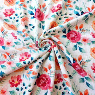 Viskose Leinen Stoff – Aquarellblumen Rosa Koralle
